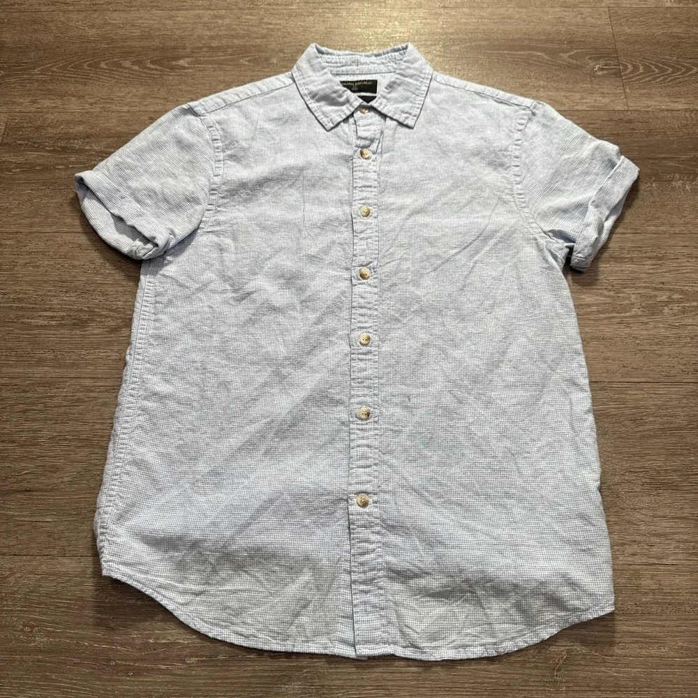 Banana Republic Shirt Mens Small Blue Houndstooth Linen Blend Costal Beach Adult
